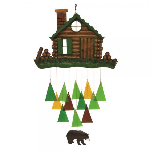 Wooden cabin wind chime with hanging colored triangles and a bear charm