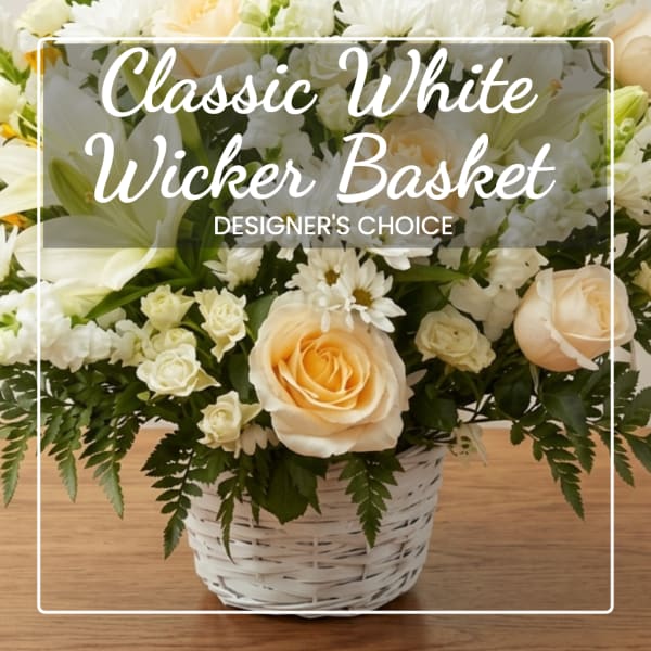 White and cream flower basket in a wicker container