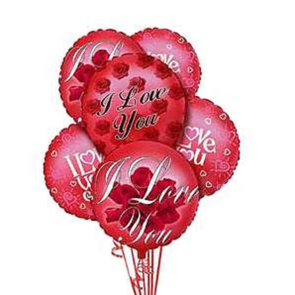 Cluster of red heart-shaped balloons with "I Love You" text