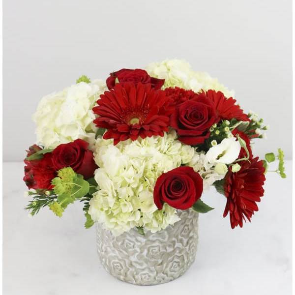 Red roses and gerbera daisies in a white textured vase with white hydrangeas