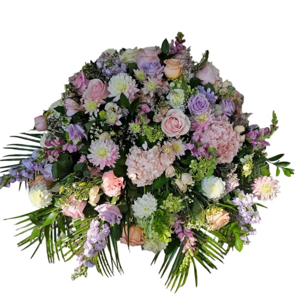 Large pastel bouquet with roses, hydrangeas, and mixed blooms