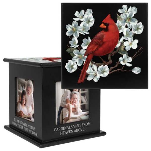 Black memorial keepsake box with a cardinal and white blossoms on the lid