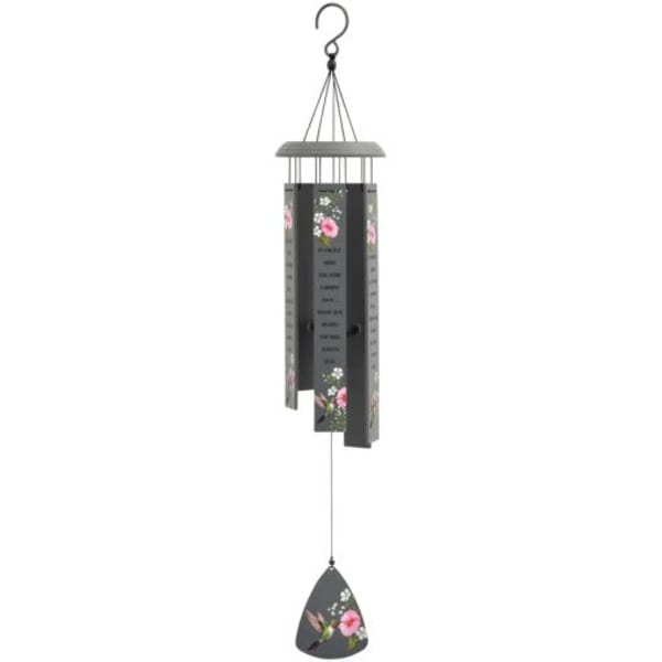 Hanging wind chime with floral printed metal tubes and a teardrop striker