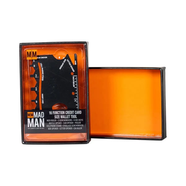 Orange boxed multi-tool with black card insert