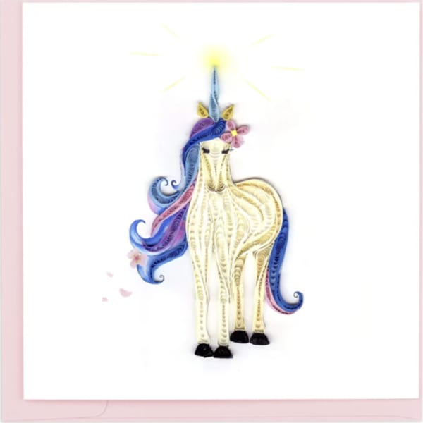 Quilled unicorn illustration on a white card with pink border
