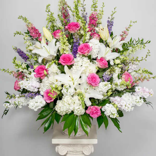Our elegant pink and white standing basket