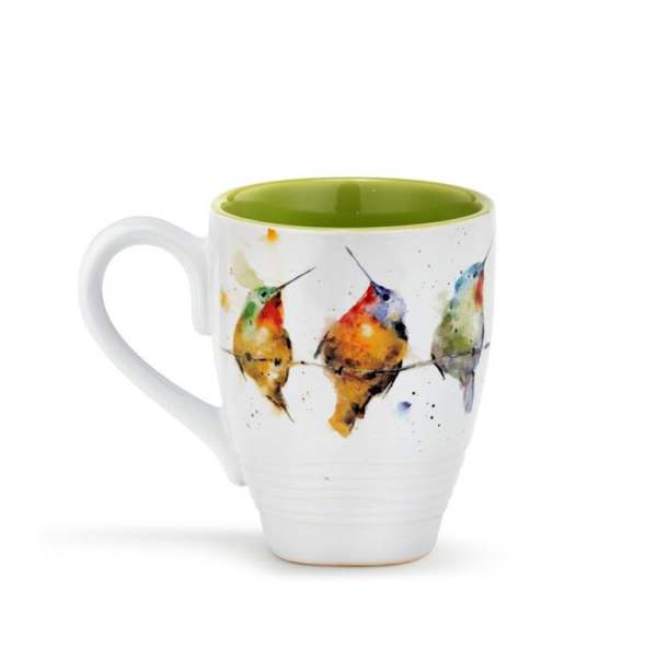 White mug with a green interior and watercolor hummingbirds