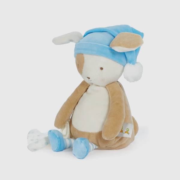 Plush bunny wearing a blue hat and striped socks
