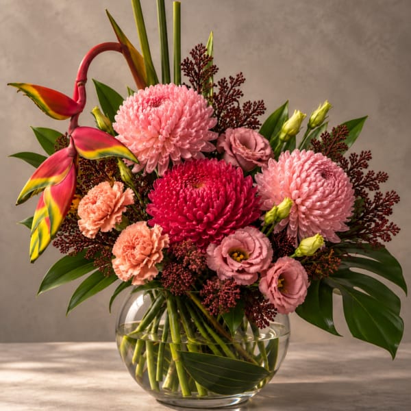 Pink and coral floral arrangement in a glass bowl vase