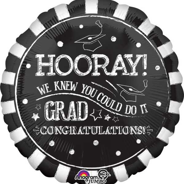 Black graduation balloon with white text and cap icons