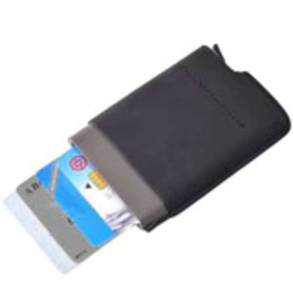 Black card holder with several cards partially pulled out