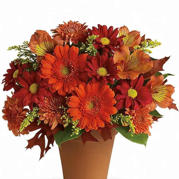 Orange and red daisy bouquet in a brown pot