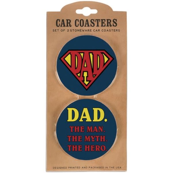 Packaged set of two round car coasters with Dad-themed graphics