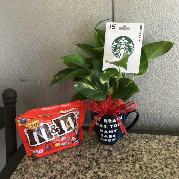 Potted green plant in a mug with a Starbucks gift card and candy bag beside it