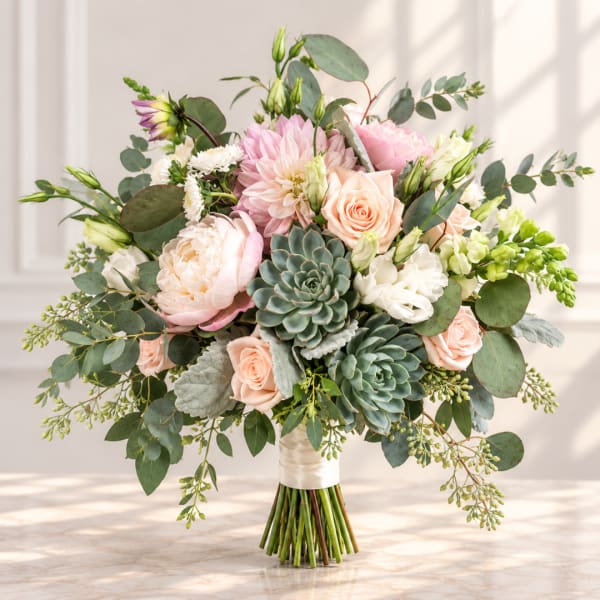 Wedding bouquet with blush roses, pale pink blooms, and succulents