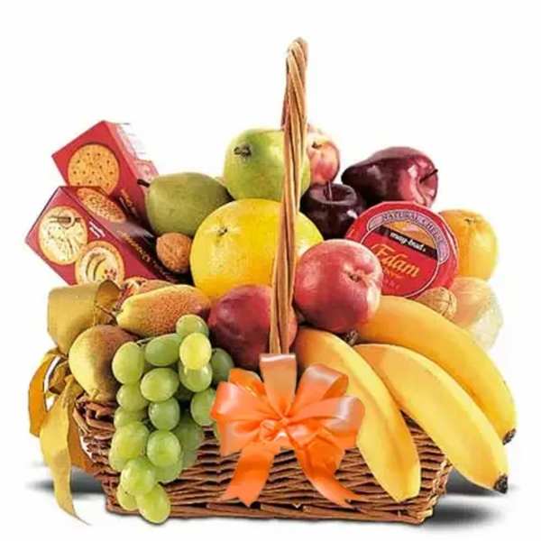 Fruit basket with bananas, grapes, apples, pears, and crackers
