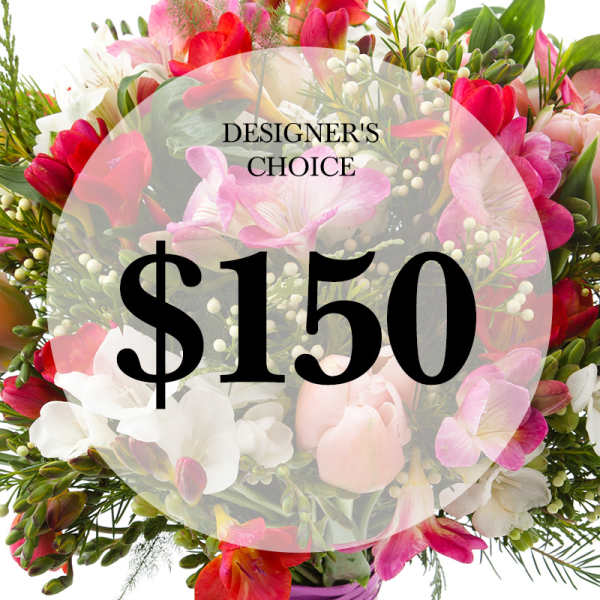 Mixed bouquet of pink, red, and white flowers with a $150 designer choice label