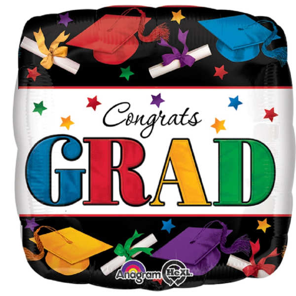 Graduation balloon with colorful caps and "Congrats Grad" text