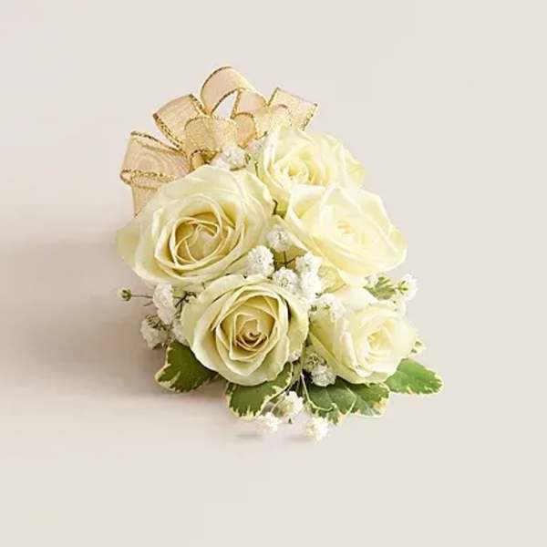 White Spray Rose Corsage with Gold Ribbon Bow