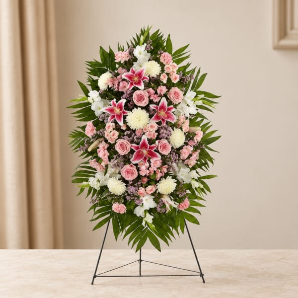 Standing floral spray with pink and white flowers on a metal easel