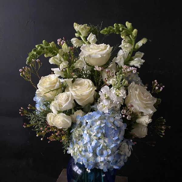 White roses and blue hydrangeas in a dark blue vase
