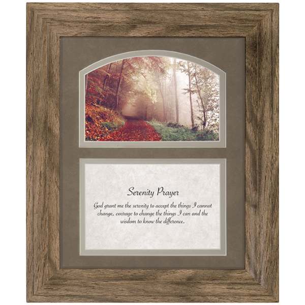 Framed serenity prayer print with a forest path photo