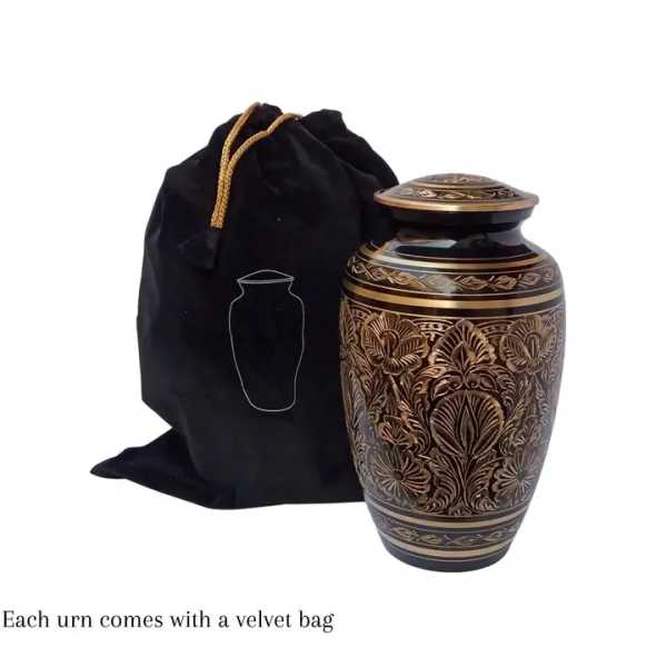 Decorative urn with a black velvet bag