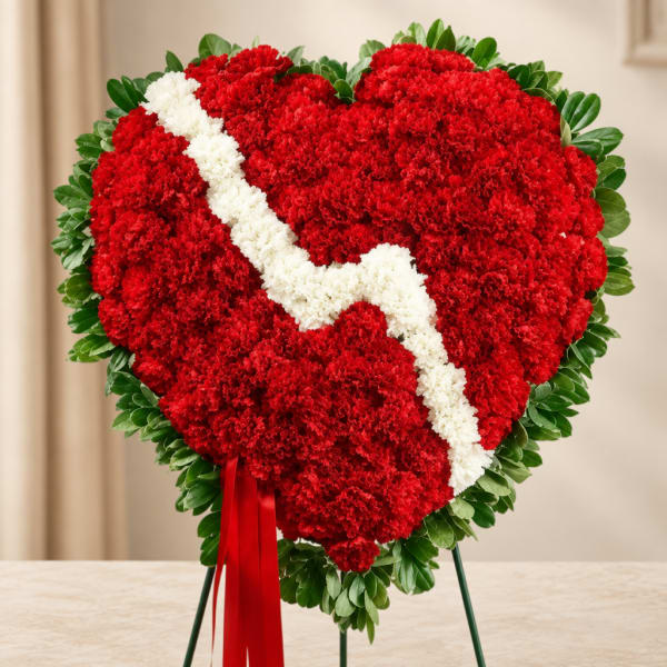 Heart-shaped red and white floral tribute on a stand