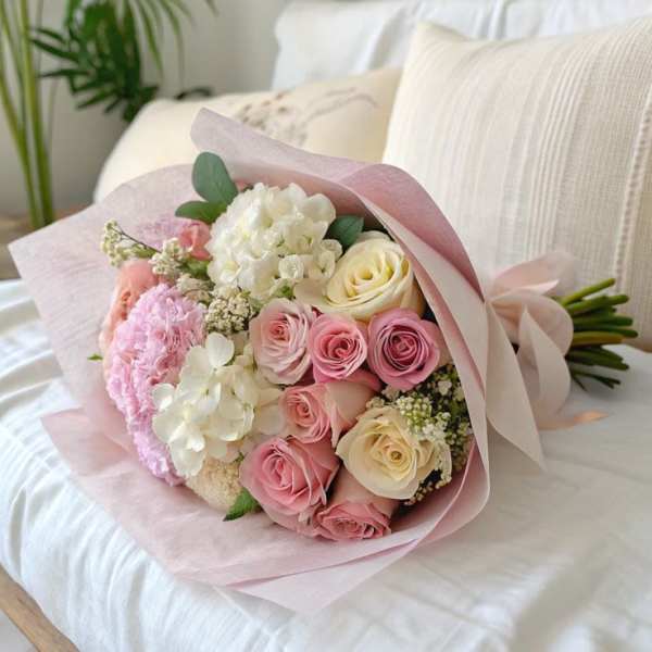 Pink and white rose bouquet wrapped in pale pink paper