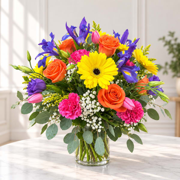 Bright mixed bouquet in a clear glass vase with yellow, orange, pink, and purple flowers.