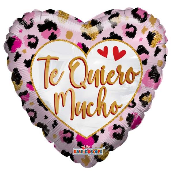 Heart-shaped balloon with leopard print and the words Te Quiero Mucho