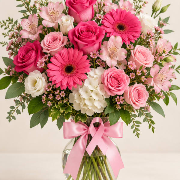 Pink roses and gerbera daisies in a glass vase with a pink ribbon