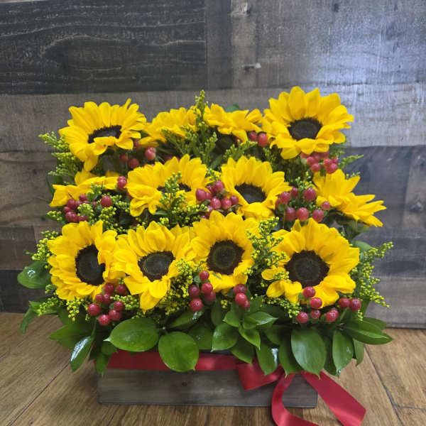 Sunflower arrangement in a rectangular box with red ribbon