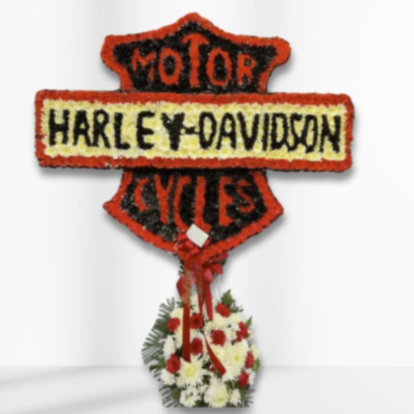 Harley-Davidson motorcycle tribute floral sign with red, black, and white flowers