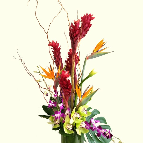 Tall tropical arrangement with orchids and bird of paradise in a glass vase
