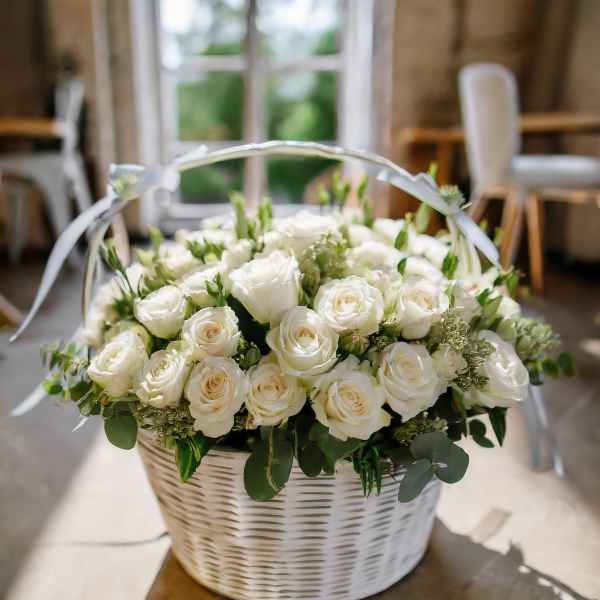 White rose arrangement in a white wicker basket with ribbon handle