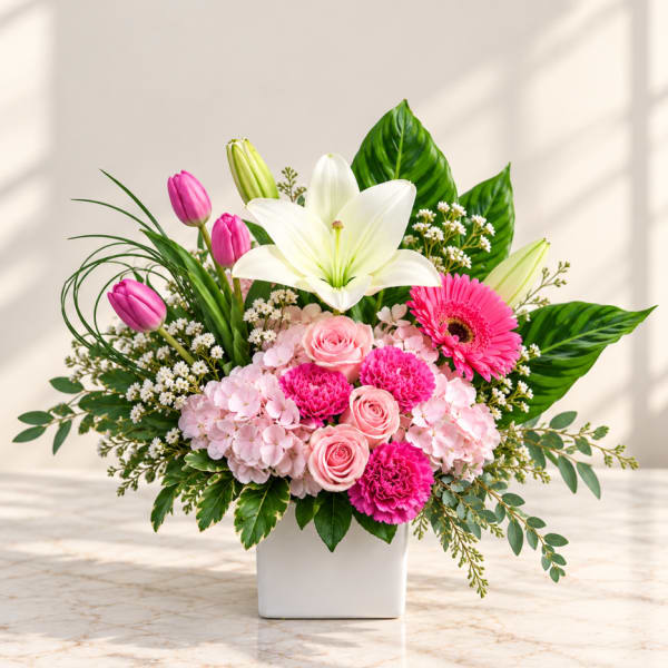 Pink and white mixed flower arrangement in a white square vase