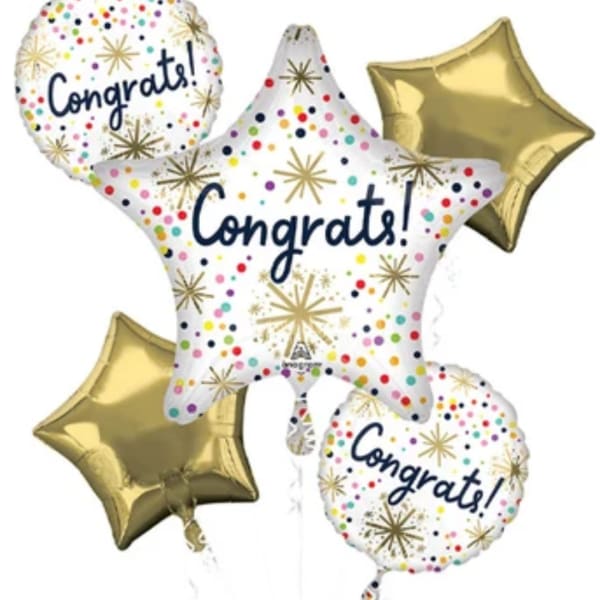 Cluster of congratulatory balloons with gold stars and confetti dots