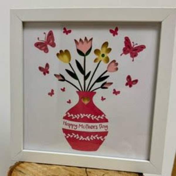 Framed Mother’s Day floral print with a red vase and butterflies