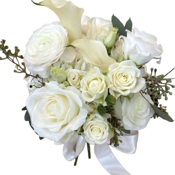 White rose and calla lily bouquet with a satin ribbon