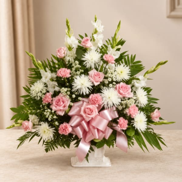 Pink roses and white flowers arranged in a vase with a pink ribbon