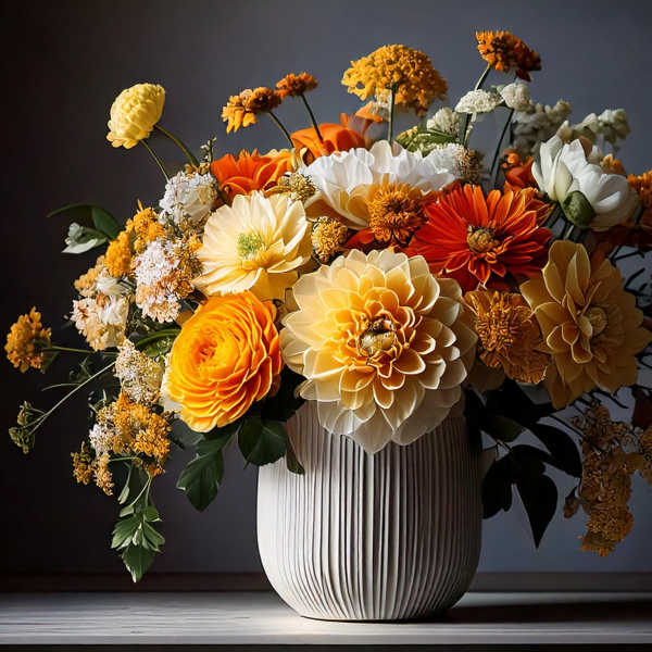 Bouquet of orange, yellow, and white flowers in a ribbed vase