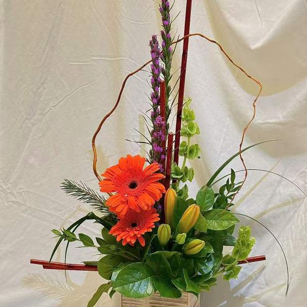 Orange gerbera daisies in a wooden box with purple spikes and green buds