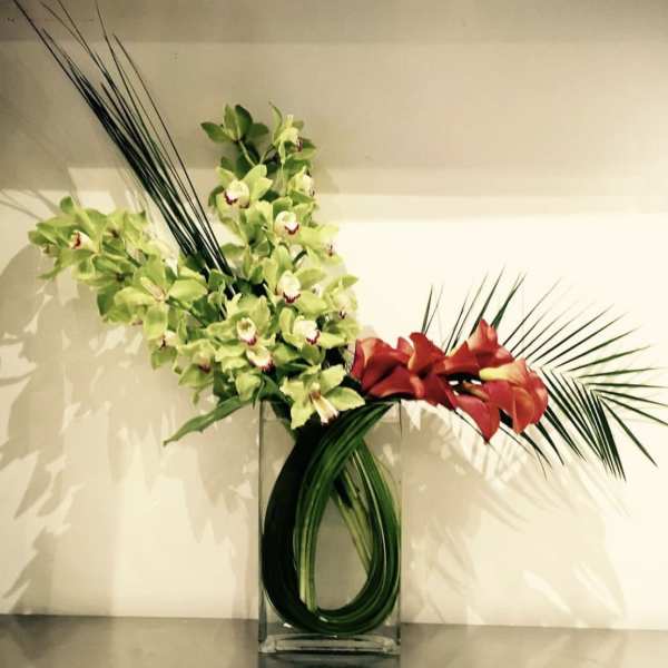 Green and red orchid arrangement in a clear glass vase