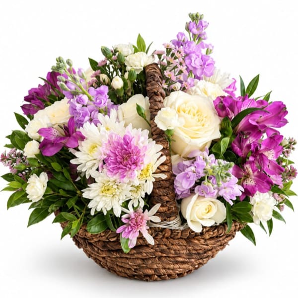 Basket of white, pink, and purple flowers with a woven handle