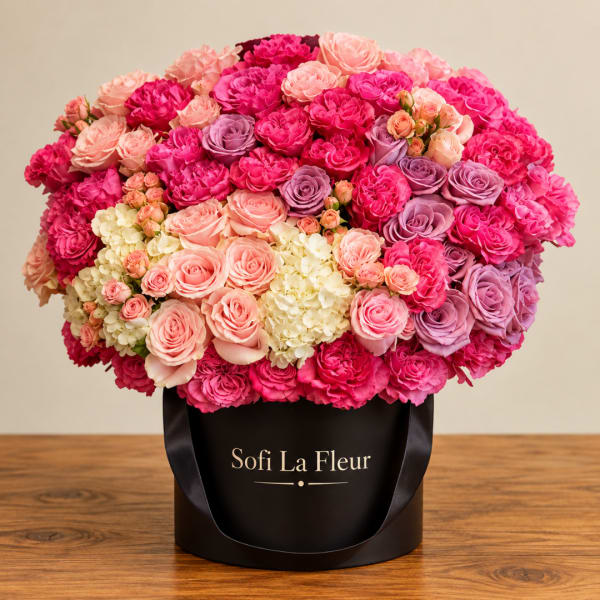 Large bouquet of pink, peach, and lavender roses in a black hat box