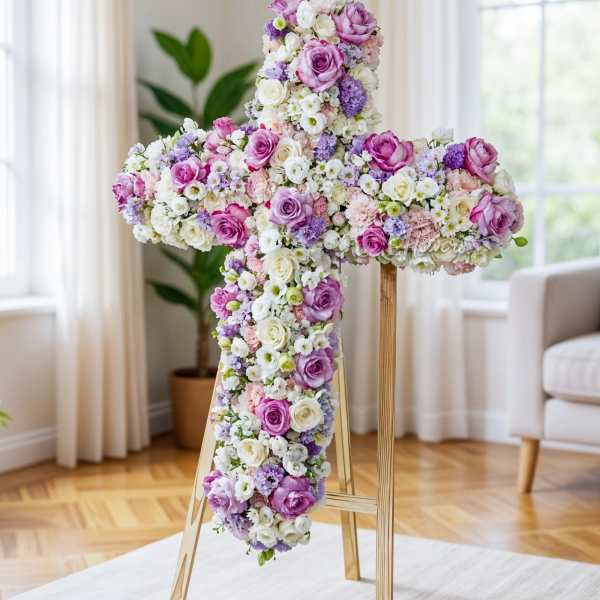 Large floral cross made of pink, white, and lavender flowers on a stand