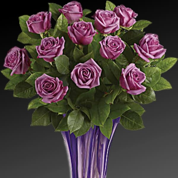 Purple roses arranged in a tall glass vase