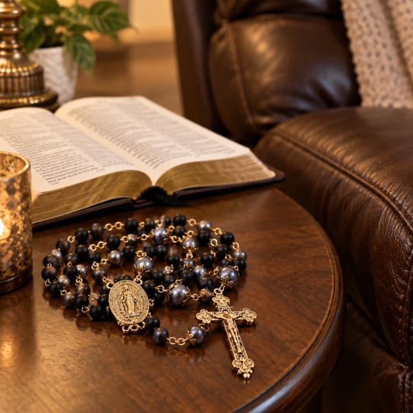 Rosary beads with a crucifix resting on a wooden table beside an open book