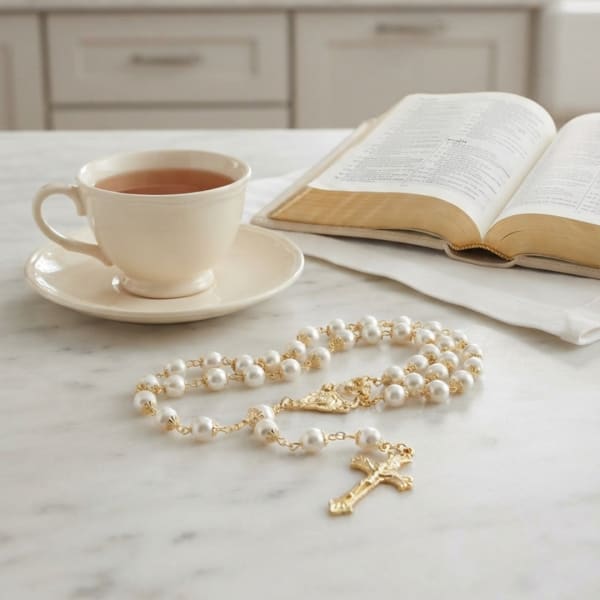 Pearl rosary beside a teacup and open book on a marble surface